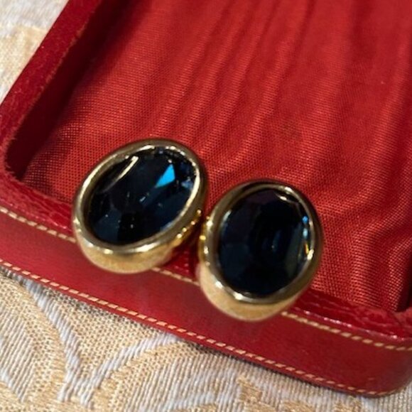 S.A.L SWAROVSKI Deep Blue Oval Crystal Gold Tone EARRINGS - Picture 7 of 9